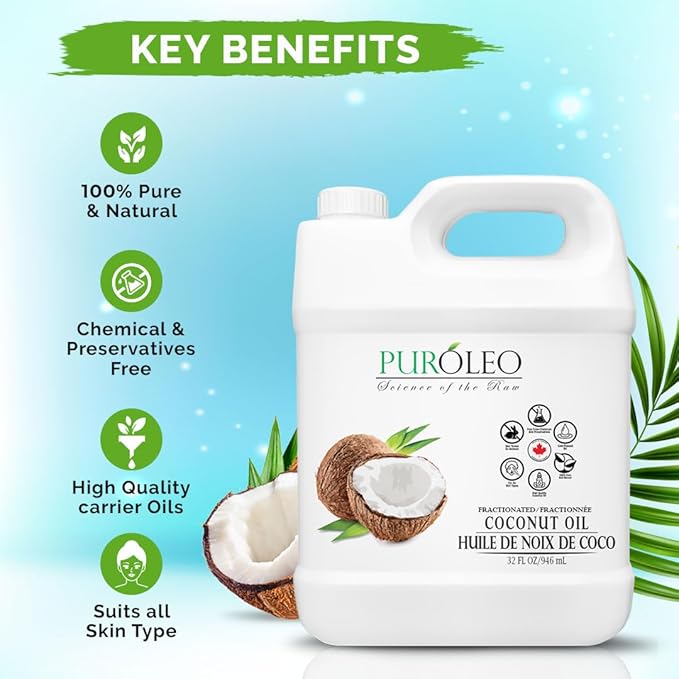PUROLEO Fractionated Coconut Oil 32 Fl Oz/946 ML (Packed in Canada) 100% Natural and odorless Moisturizer & Carrier Oil l Hair Skin Body, Aromatherapy, Massage, Makeup Remover