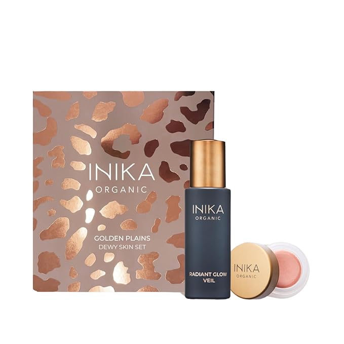 INIKA Organic Golden Plains Dewy Skin Set | Vegan, Natural, Organic Glowing Primer and Lip & Cheek Color For Radiant Skin. Sustainable Packaging