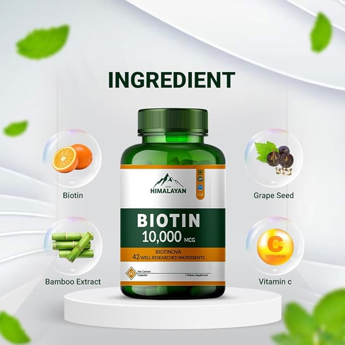10000 MCG Biotin Supplement Capsules Promote Hair Skin & Nails Health Enriched with Sesbania grandiflora Vitamin C Grape Seed & Bamboo Extract for Men Women - 60 Capsule