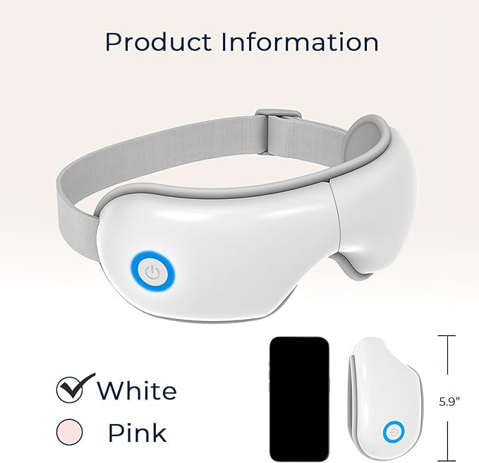 Eye Massager with Heat and Music, Heated Eye Mask with Bluetooth 180°Folding 5-Mode Voice Announcement Heating Massage for Sleep Travel Eyes Strain Relief, White