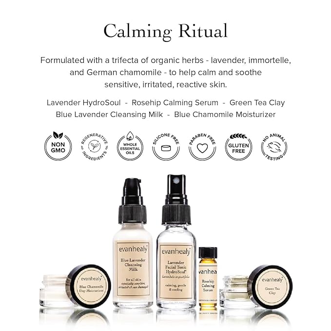 evanhealy Calming Ritual | Blue Skin Care Set | 5 Piece Travel Face Care Kit for Sensitive Skin | Skincare Kit with Facial Mask & Gentle Skin Cleanser | Soothe Reactive Skin