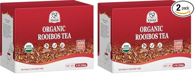 52USA Rooibos Tea Organic, 100 Teabags, Naturally Sweet Herbal Tea, Caffeine Free Rooibos Tea, Farmed in South Africa, 9oz (250g) (Pack of 2)