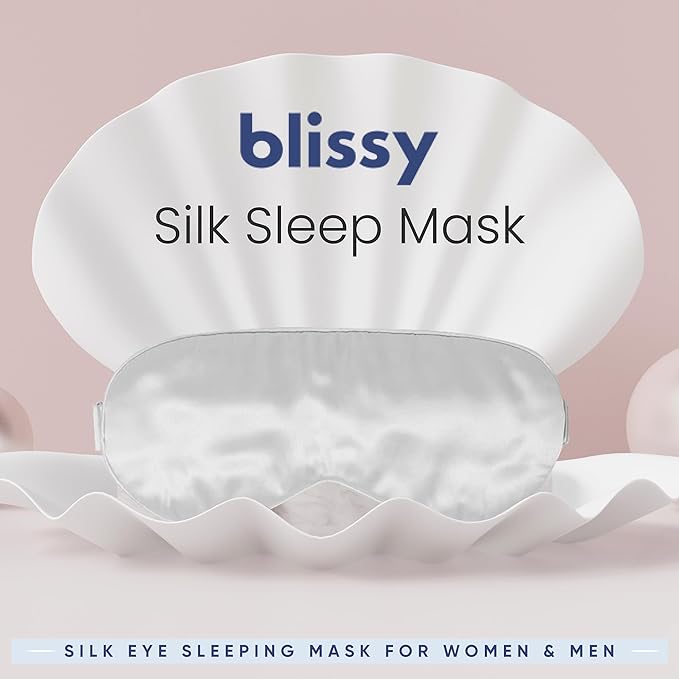 Blissy Silk Sleep Mask - Silk Eye Sleeping Mask for Women & Men for Total Blackout - 100% Pure Mulberry Silk, 22 Momme 6a Fibers - Blindfold Silk Sleep Mask Side Sleeper Eye Cover (Silver)