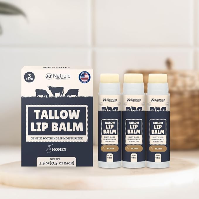 Beef Tallow Lip Balm – Natural Tallow Beeswax Chapstick – Hydrating Moisturizer Grass Fed Bison Tallow Balm Lip Care – Soothes Chapped Dry Lips, Sensitive Skin – Long Lasting Vitamin Rich USA-Made 3Pk