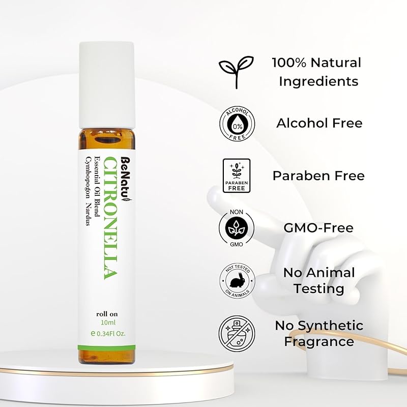 Benatu Organic Citronella Essential Oil Roll On Blend, Pre-Diluted with Coconut Oil for Skin Care, Outdoor Aromatherapy, Natural Travel Size Roller- 10ml
