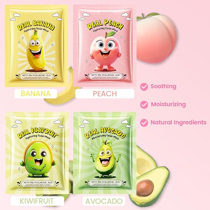 12 Pack Fruit Face Masks for Kids,Hydrating Face Mask For Sensitive Skin,Moisturize,Soothing,Nourish for All Skin Types,Natural Spa Party Facial Mask Skincare Set for Women Men Girls
