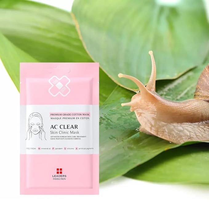 Leaders Insolution AC Clear Skin Clinic Mask | Snail Secretion & Tea Tree Oil for Acne, Redness, Oil Control | 100% Cotton Bemliese Sheet | Balances & Soothes Sensitive Skin (10 Sheets)