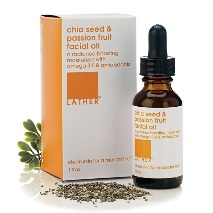LATHER Chia Seed & Passion Fruit Face Oil - Vitamin C, E and A Boost, with Rosehip & Lavender - Lightweight & Absorbing Formula - Moisturizing for Combination, Dry, Mature & Sensitive Skin - 1 Fl Oz