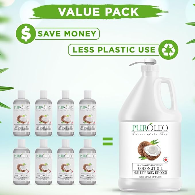 PUROLEO Fractionated Coconut Oil 128 Fl Oz/3784 ML (Packed In Canada) 100% Natural and odorless Moisturizer & Carrier Oil l Hair Skin Body, Aromatherapy, Massage, Makeup Remover