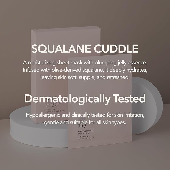 107 SQUALANE CUDDLE Sheet Mask, Pack of 5 Sheets, Squalane & Niacinamide, Hydrating & Rejuvenating Facial Treatment, Korean Skincare, 30g (1.06oz) per Sheet