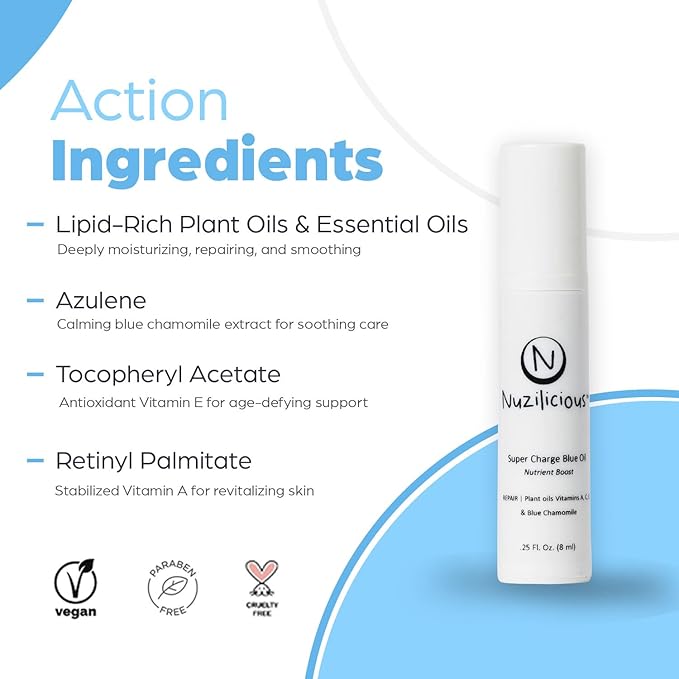 Professional Grade Super Charge Blue Oil – Intense Hydration & Radiance with Essential Oils & Lipid-Rich Plant Oils, Vegan & Cruelty-Free, (0.25 oz)