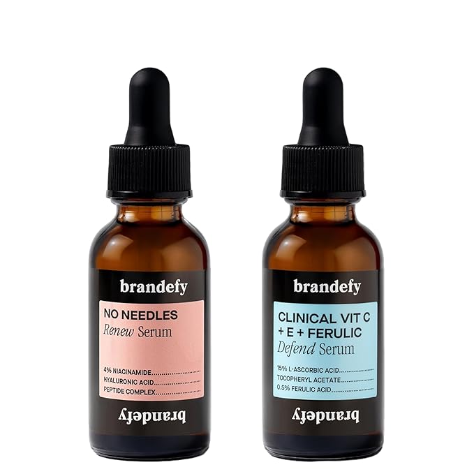 Brandefy Vitamin C Face Serum & No Needles Niacinamide Serum Duo - 15% L. Ascorbic Acid, 0.5% Ferulic Acid + Vitamin E & Hyaluronic Acid - Skin Brightening Serum, Anti-Aging Dark Spot Corrector