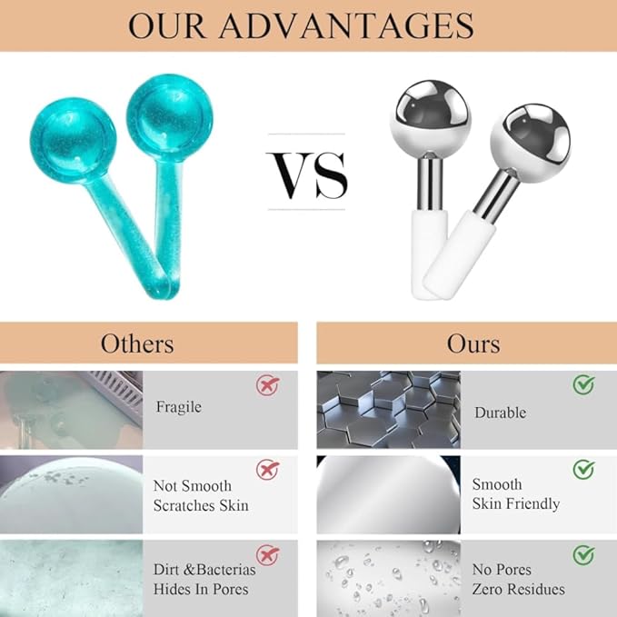 Ice Globes Stainless Steel Beauty Facial Massagers for Face & Eyes, Premium Unbreakable Stainless Steel Cryo Sticks for Beauty Routines, Facials Cold Rollers Cooling Globes(Silver,2Pack)