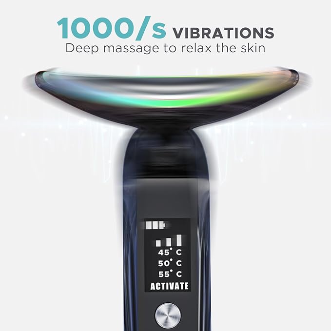 Facial Neck Massager Portable Charging Dock - 3 Heat Settings, Vibrating Face Massage, 9-Color LED Light & 72Hrs Battery | Home Spa Travel Skincare - Black