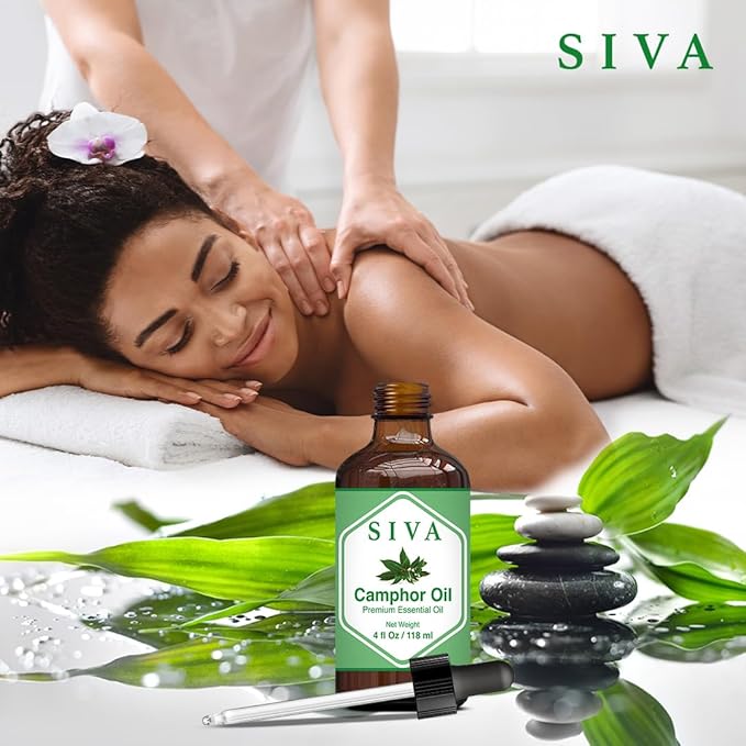 Siva Camphor Essential Oil - 4 Fl Oz – Natural Camphor Oil - for Diffuser, Face, Skin Care, Aromatherapy, Hair Care, Scalp and Body Massage - with Dropper