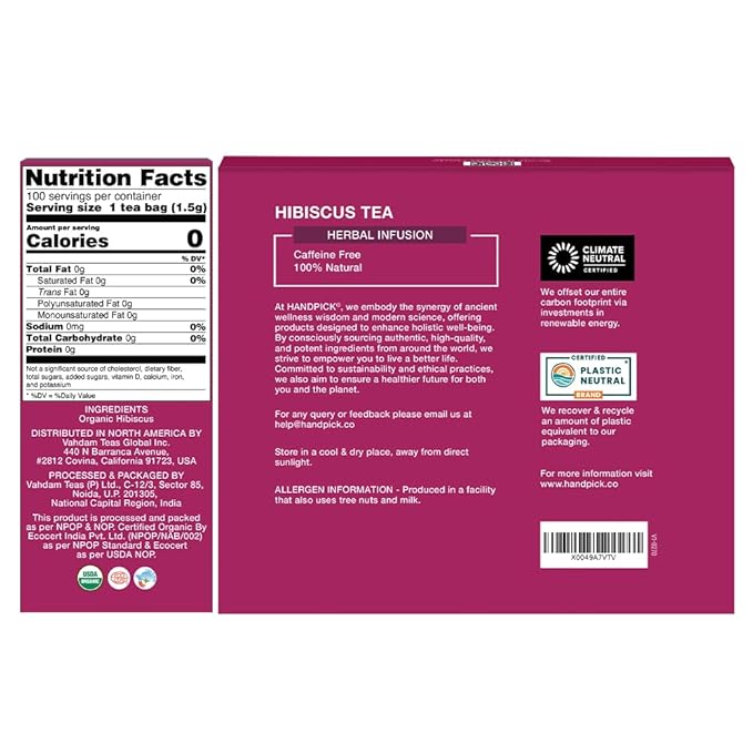 HANDPICK, Organic Hibiscus Tea Bags (100 Tea Bags) | Caffeine-Free, 100% Natural Pure Indian Hibiscus Flowers | Ayurvedic Benefits in every sip