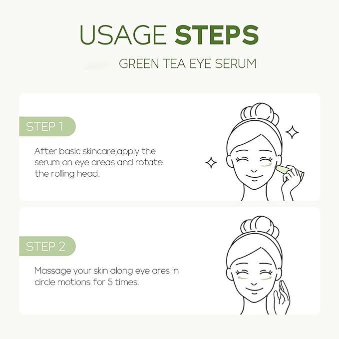 AKARY Green Tea Eye Serum and Under Eye Roller Cream, for Eye Bags Puffiness, Caffeine Eye Cream with 360ยฐ Massage Ball Reduce Wrinkles and Fine Lines, Under Eyes, Moisturizing, Hydrating, Firming Eye Skin (Green Tea)