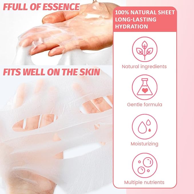 8 Pack Strawberry Face Sheet Mask Skincare,Hydrating Face Mask For Sensitive Skin,Moisturize,Soothing,Nourish for All Skin Types,Natural Spa Party Facial Mask Skincare Set for Women Men Girls