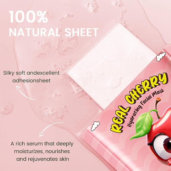 8 Pack Cherry Fruit Face Masks for Kids,Hydrating Spa Face Mask For Sensitive Skin,Moisturize,Soothing,Nourish for All Skin Types,Natural Skin Care Spa Face Mask for Women Men Girls