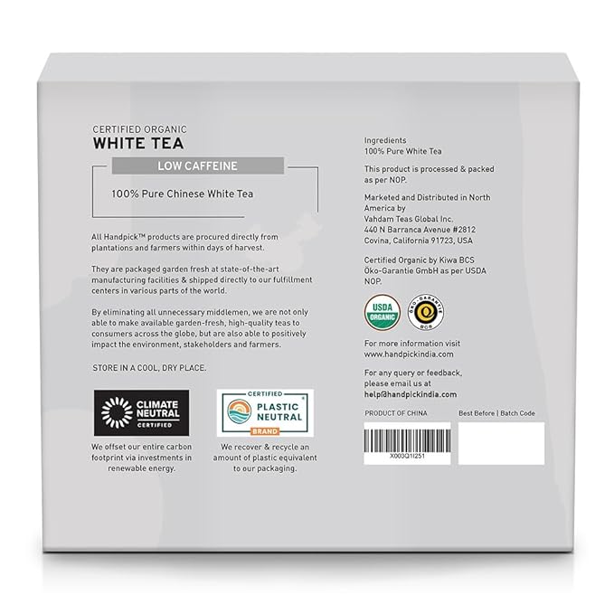 HANDPICK, Organic White Tea - 100 Tea Bags | USDA Organic, 100% Pure White Tea | Mild & Smooth | Packed in Eco-friendly Tea Bags