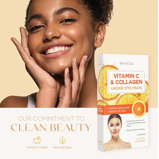Vitamin C & Collagen Under Eye Patches - Dermatologist Tested - Brightens Dark Circles, Tightens Under Eye Skin, Anti-Aging - Natural Ingredients Korean Skin Care - All Skin Types - 5 Pairs