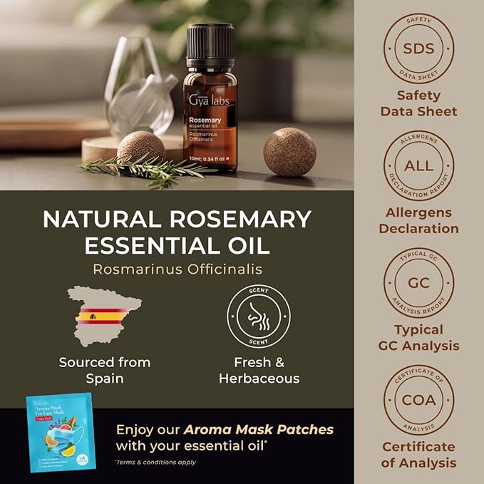Gya Labs Rosemary Essential Oil for Hair - 0.34 Fl Oz - 100% Pure Natural Rosemary Oil for Diffuser, Skin, Scalp, Aromatherapy & Candle Making Scent