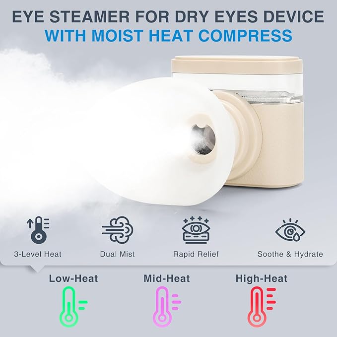 Eye Steamer for Dry Eyes Relief,Portable Electric Heated Steam Therapy Wand Machine with Moist Heat for Natural Tears Restore,Dry Eye Mist Sprayer with Warm Compress and 3 Level-Heat (Off white)