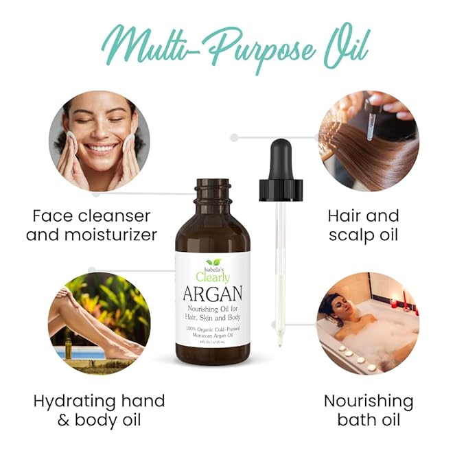 Isabella's Clearly Organic ARGAN Oil of Morocco | 100% Pure Cold Pressed Moroccan Oil for Hair, for Face, for Scalp, for Skin, for Nails and for Body | Virgin, Unrefined, In Glass Bottle (Bulk 4 oz)
