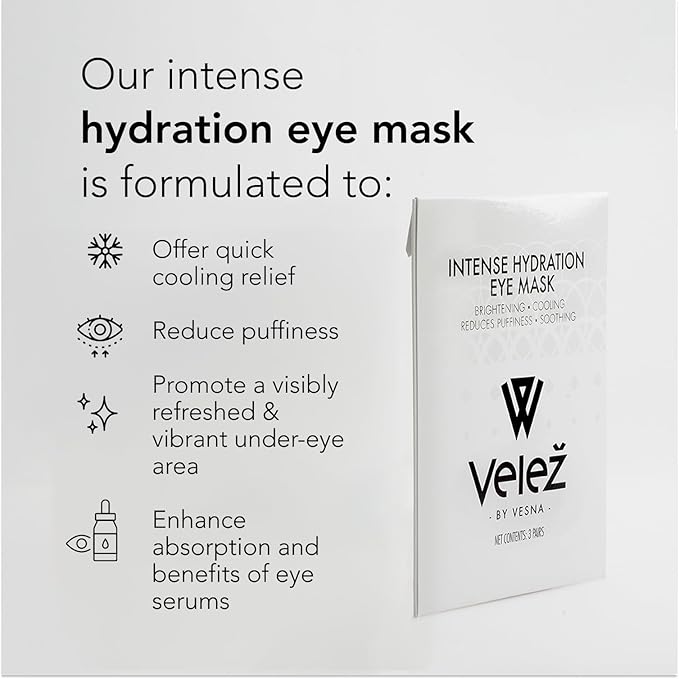 Velez Intense Hydration Under Eye Masks - Helps with Puffiness & Ultra Hydrating, Cooling Eye Mask Patches for a Brightening Effect (3 Pairs)