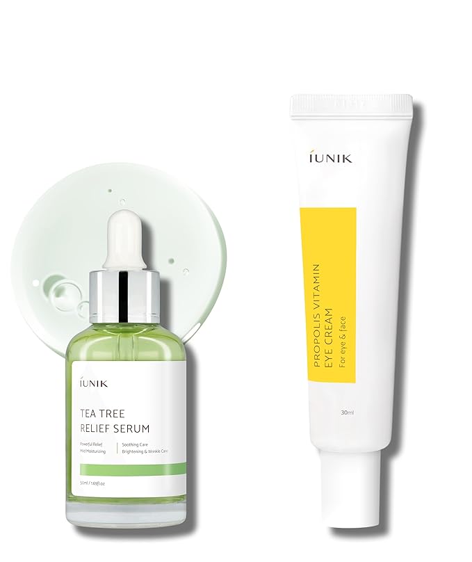 iUNIK Tea Tree Relief Facial Serum & Propolis Vitamin C Face and Eye Cream Non-sticky Non-greasy Acne Redness Irritation Dullness Dark Spots Care Oily Sensitive Skin Vegan Korean Skincare