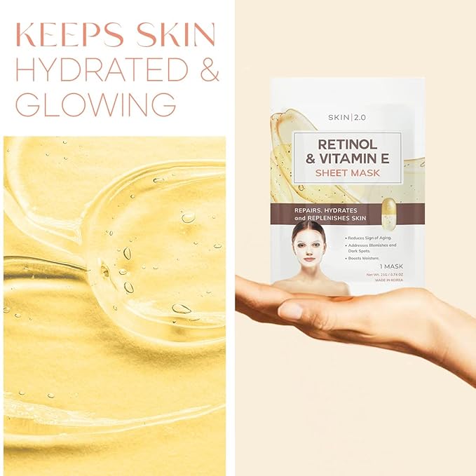 Retinol & Vitamin E Sheet Mask - Anti-Aging, Acne Scar & Hyperpigmentation - Hydrating, Dermatologist Tested Korean Skincare - Clean Beauty, Cruelty-Free, All Skin Types - 5 Masks