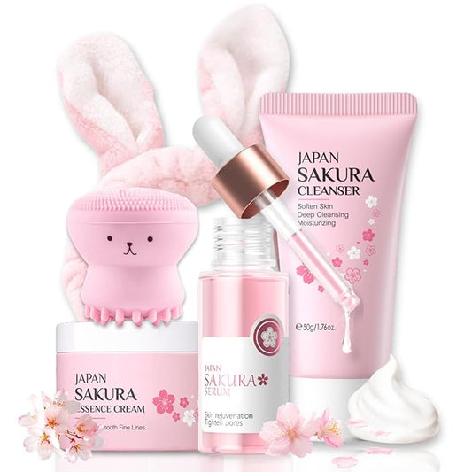 Skincare Set Sakura Mother's Day Gifts - Skin Care Set - Skincare for Teens 10-12 Hydrating - Travel Size Facial Kit for Women with Cleanser,Serum,Cream,Bunny Headband,Cleansing Brush(5pcs)