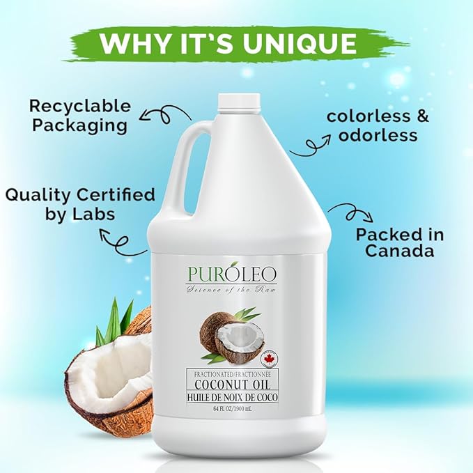 PUROLEO Fractionated Coconut Oil 64 Fl Oz/1900 ML (Packed in Canada) 100% Natural and odorless Moisturizer & Carrier Oil l Hair Skin Body, Aromatherapy, Massage, Makeup Remover