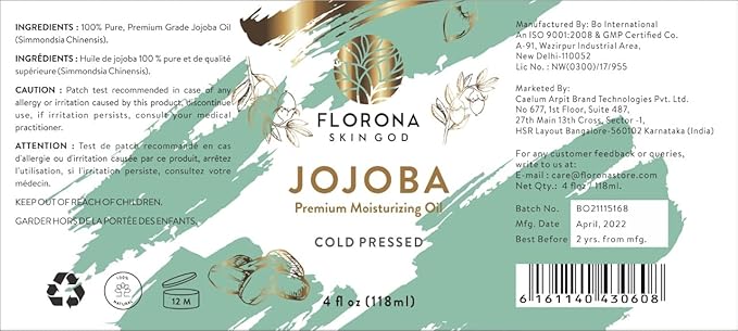 Florona Jojoba Oil 100% Pure & Natural - 4 fl oz, for Hair, Face & Skin Care, Massage