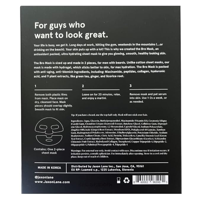 BRO MASK: Korean Face Mask for Men | 2 Pc. Hydrating Anti Aging Sheet Masks Contain Vitamin C, Vitamin E, Hyaluronic Acid, Hydrolyzed Collagen for Face Care, Acne Treatment (2 X 4 Packs)