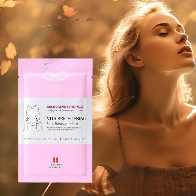 Leaders Insolution VITA Brightening Skin Renewal Mask | Vitamin C & Niacinamide for Dark Spot Reduction and Luminous Glow | 100% Natural Cotton Sheet for Dull Skin (5 Sheets)