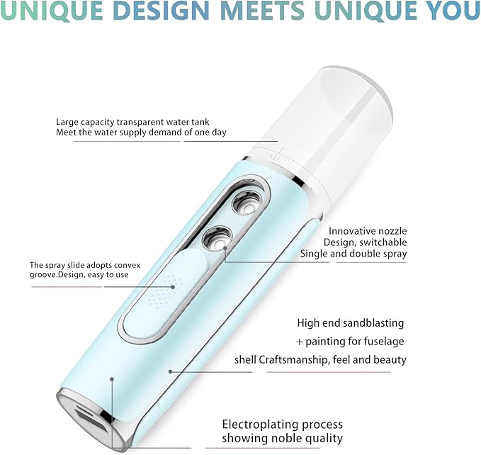 Nano Facial Mister, Cool Mist Face Steamer with 2 Spray Nozzle, USB Rechargeable, Visual Water Tank, Nano Mister for Eyelash Extensions, Skin Care, Daily Makeup, Deep Hydrating-Blue