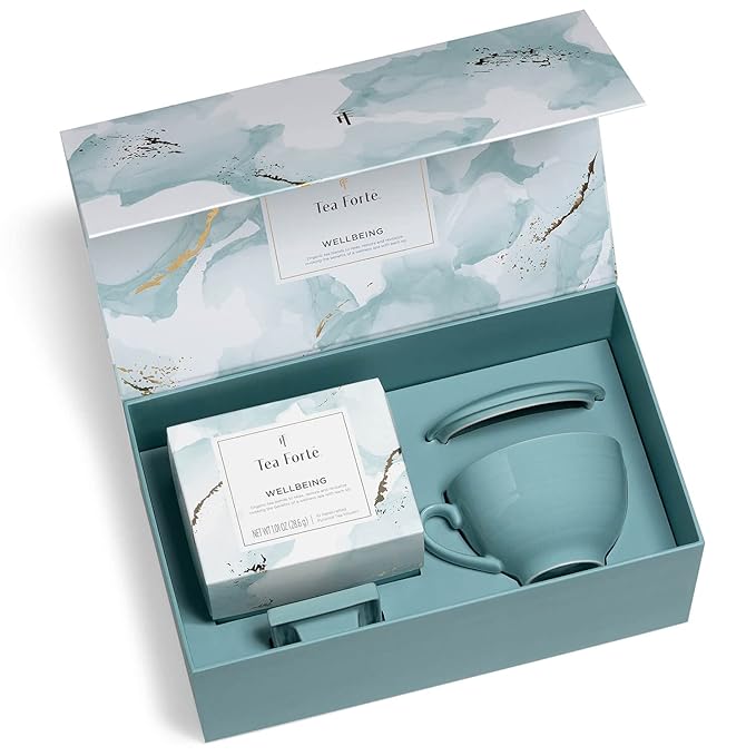 Tea Forte Wellbeing 3-Piece Mother's Day Tea Gift Set with Light Blue Cafe Cup with Lid, Tea Tray and 10 Assorted 2 of Each Variety Organic Handcrafted Pyramid Infuser Tea Bags