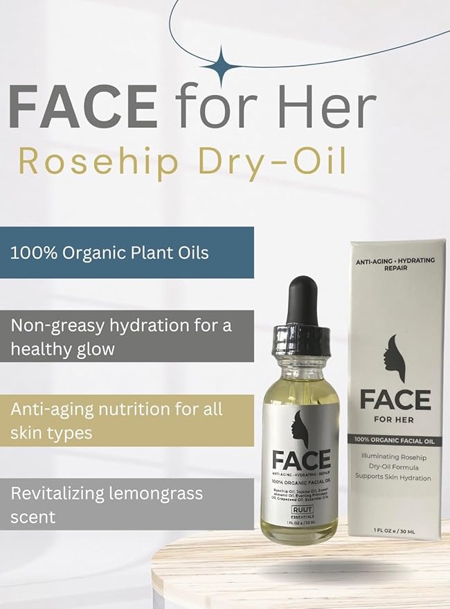 HAIRMETTO Organic Facial Oil Blend, Rosehip, Jojoba, Argan & Evening Primrose, Hydrating & Anti-Aging, Lightweight Non-Greasy Oil for Dry Skin, 30 mL