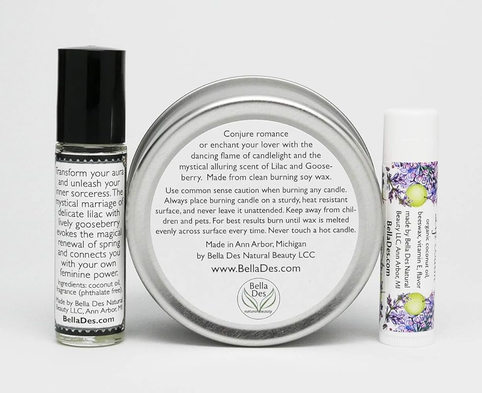 Lilac & Gooseberry Gift Set | Perfume with Soy Candle Tin and Lip Balm | Full Size Products | Yennefer Scent of a Sorceress by Bella Des Natural Beauty