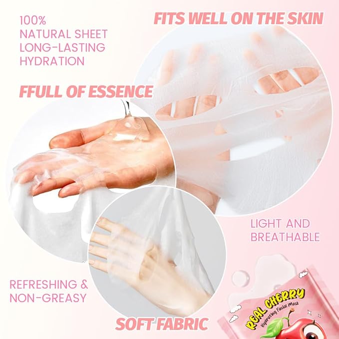 8 Pack Cherry Fruit Face Masks for Kids,Hydrating Spa Face Mask For Sensitive Skin,Moisturize,Soothing,Nourish for All Skin Types,Natural Skin Care Spa Face Mask for Women Men Girls