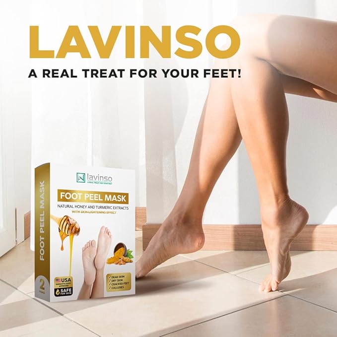 Lavinso Honey Feet Peeling Mask for Dry Cracked Feet - 3 Pack - with Kojic Acid Skin Brightening Effect - Exfoliating Dead Skin and Calluses - Foot Peel Mask for Baby Soft Feet