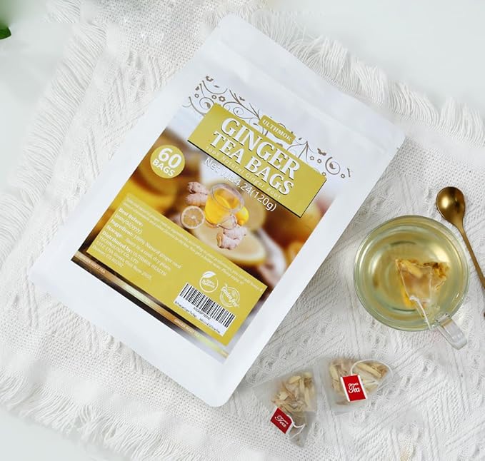 60 Premium Ginger Tea Bags, Made with 100% Natural Ginger Root, Warm & Spicy, Support Digestion & Boost Immunity, No Additives & Caffeine Free.