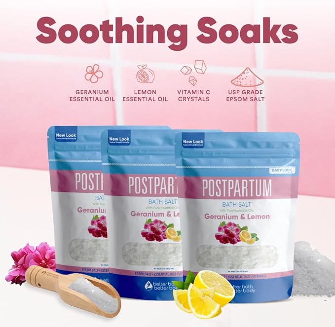 Postpartum Bath Salt (3 Pack with Scoop) Postpartum Bath Soaks USP Grade Epsom Salt with Pure Essential Oils in BPA Free Pouch with Press Lock Seal Made in USA Three 2 Lbs Pouches 6 Lbs Total