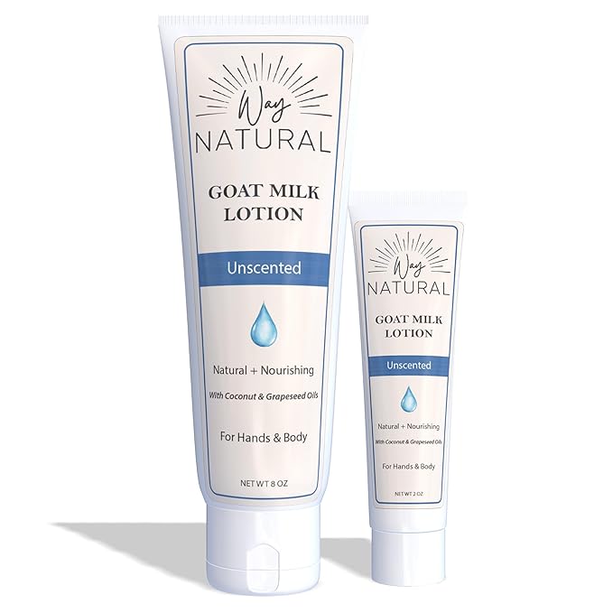 Goat Milk Lotion, Unscented - Home & Away Set, Natural, Body/Hand - Goat Milk Hand Cream for Women and Men - Creamy, Dry Skin Relief - Unscented Lotion - 8oz & 2oz Travel Size Tube