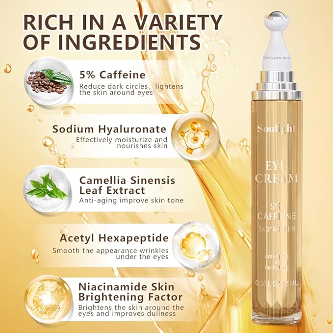 Soulight 5% Caffeine Eye Serum for Dark Circles, Puffiness & Wrinkles - Brightening Under Eyes Treatment with Hyaluronic Acid & Niacinamide - Hydrating & Firming Eye Cream for Sensitive Skin