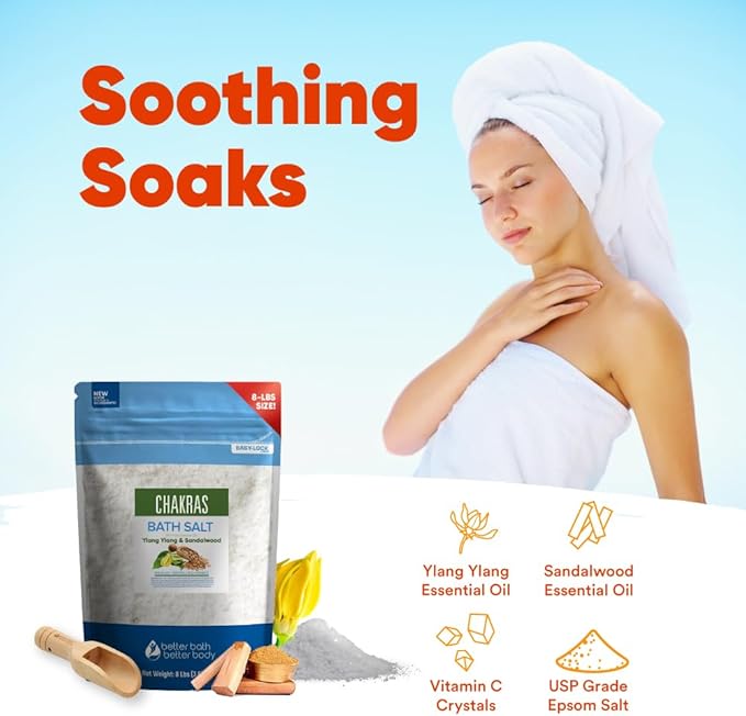 Chakras Bath Salt 128 Ounces (8 Lbs) Epsom Salt with Natural Ylang Ylang and Sandalwood Essential Oils Plus Vitamin C in BPA Free Pouch with Easy Press Lock Seal Made in USA