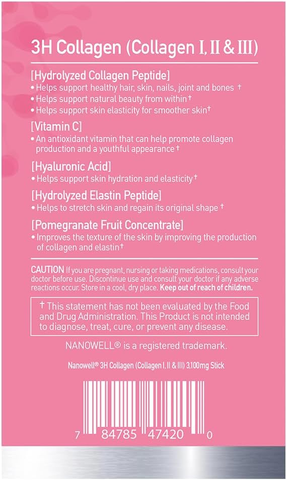 3H Collagen Peptide Powder - Types I, II, & III with Vitamin C, Hydrolyzed Elastin Peptide & Hyaluronic Acid - Supports Hair, Skin, Nails, Joints & Bones - 60 Sticks, 30 Day Supply