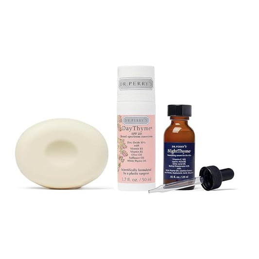 Dr. Perry's Basic Facial Skincare Regimen, 3 Pc. Kit - Vitamin C Night Serum, SPF Skin Protector, Facial Cleansing Bar