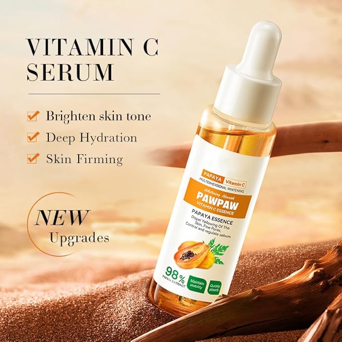 2PC 98% Papaya Extract Vitamin C Nourish PawPaw Essence,Dispel Yellowing Of The Skin, Deep Hydration Fine Pores, Moisturizing Smoothing Facial and Body Skin 60ml / 2.02 fl.oz